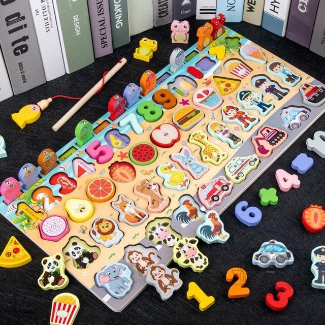 Montessori Educational Wooden Toys for Kids Board Math Fishing for 1 2 3 Years Old