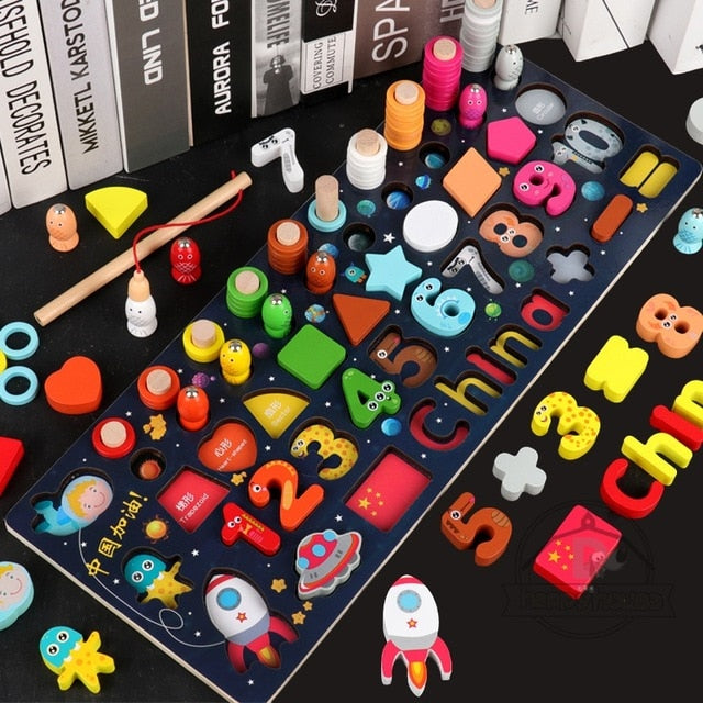 Montessori Educational Wooden Toys for Kids Board Math Fishing for 1 2 3 Years Old