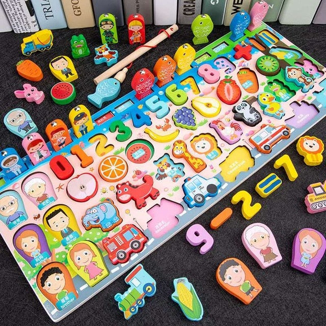 Montessori Educational Wooden Toys for Kids Board Math Fishing for 1 2 3 Years Old