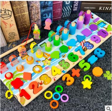 Montessori Educational Wooden Toys for Kids Board Math Fishing for 1 2 3 Years Old